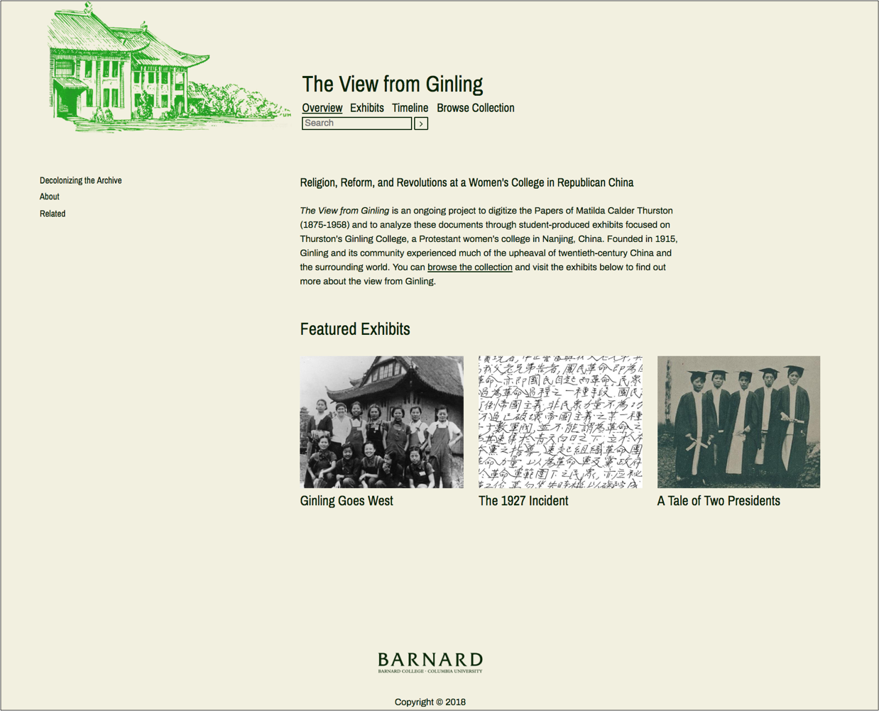 Omeka website showing digital exhibits related to Ginling