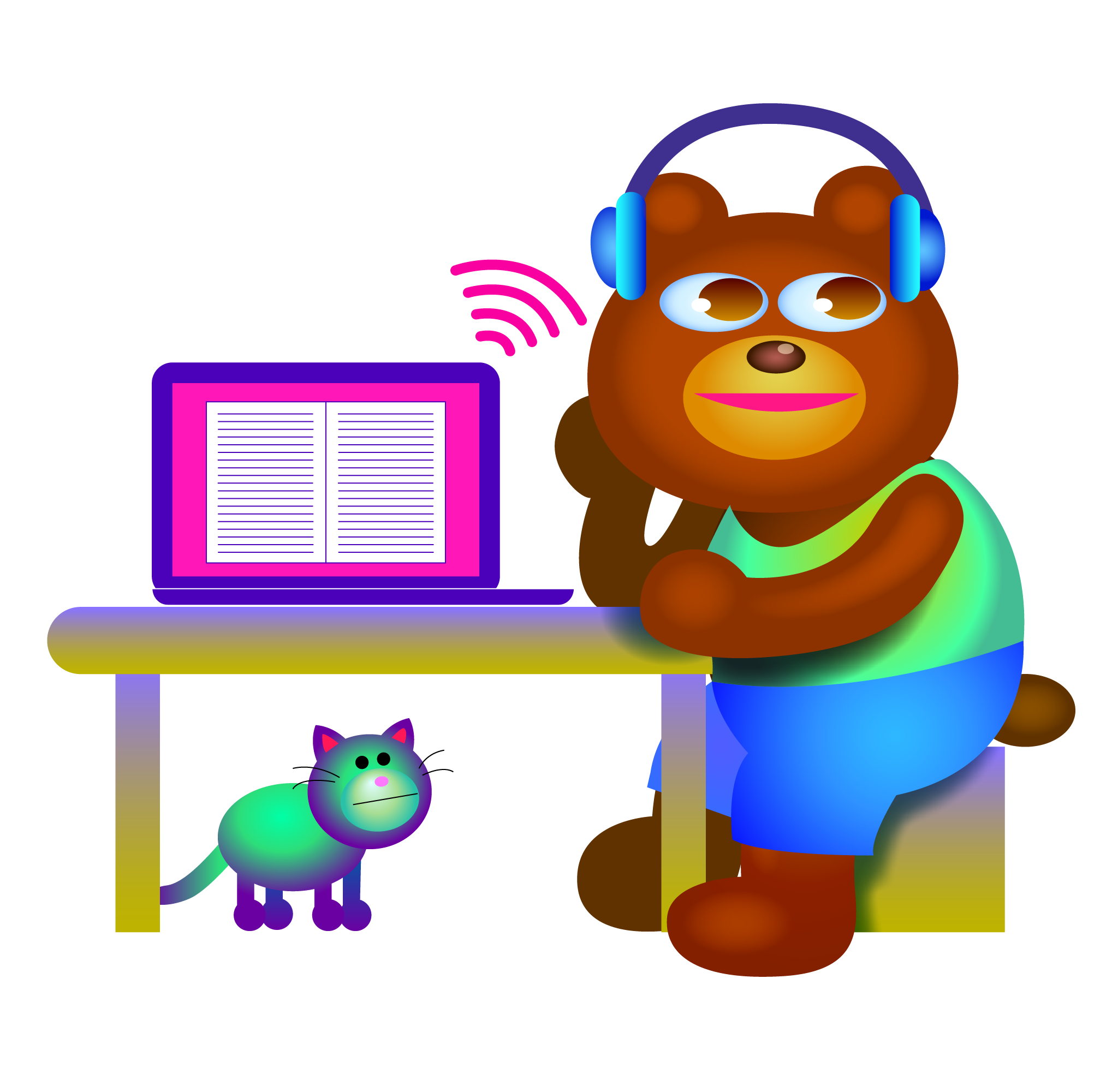 comic of Millie the Dancing Bear taking a pause from dancing to listen to an audiobook
