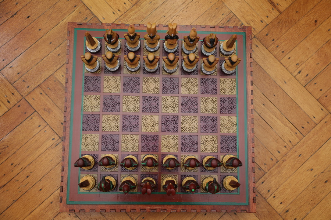 A view of the completed chess set from above.
