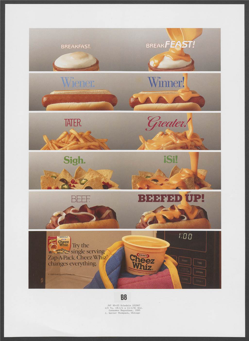 "Breakfast. BreakFEAST!" Suggests that coating eggs, hot dogs, fries, nachos, and pastrami with heated Cheez Whiz, as illustrated, makes them more attractive propositions. A Cheez Whiz Zap-a-Pack is shown being removed from a microwave oven at the foot of the page, along with an example of its packaging.