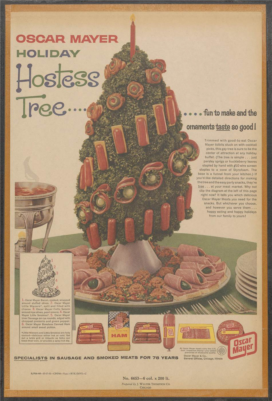 "Oscar Mayer Holiday Hostess Tree." Artwork of "tree" on a table constructed from parsley and decorated with Oscar Mayer products. Labelled diagram identifies the products. Text states that this tree is sure to be the centre of attention, and offers free directions for constructing this festive edifice.