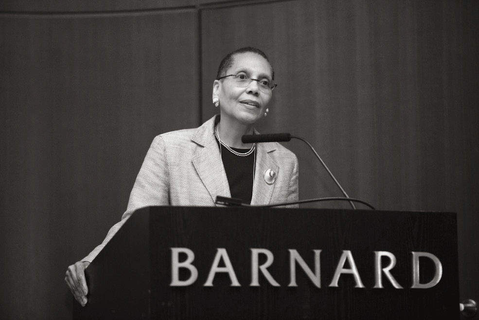Sheila Abdus-Salaam ’74, LAW ’77 speaking at a Barnard podium