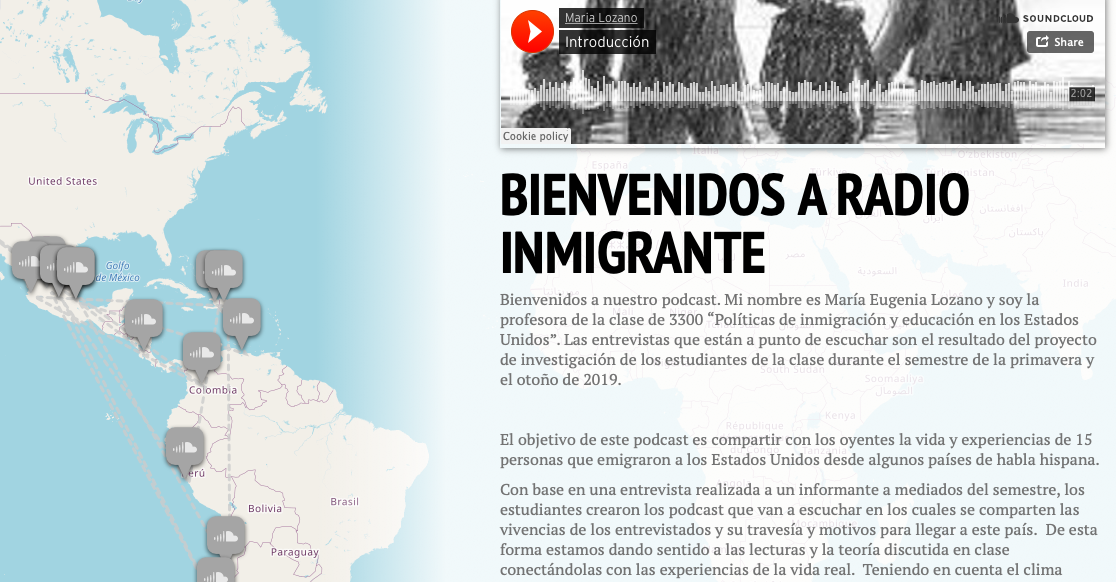 Professor María Lozano's podcast project, featuring a map of Central and South America and a long written introduction in Spanish.