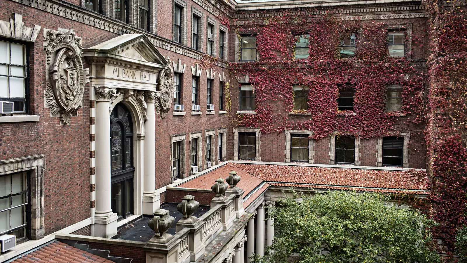 View of Milbank Hall from upper floor looking out.