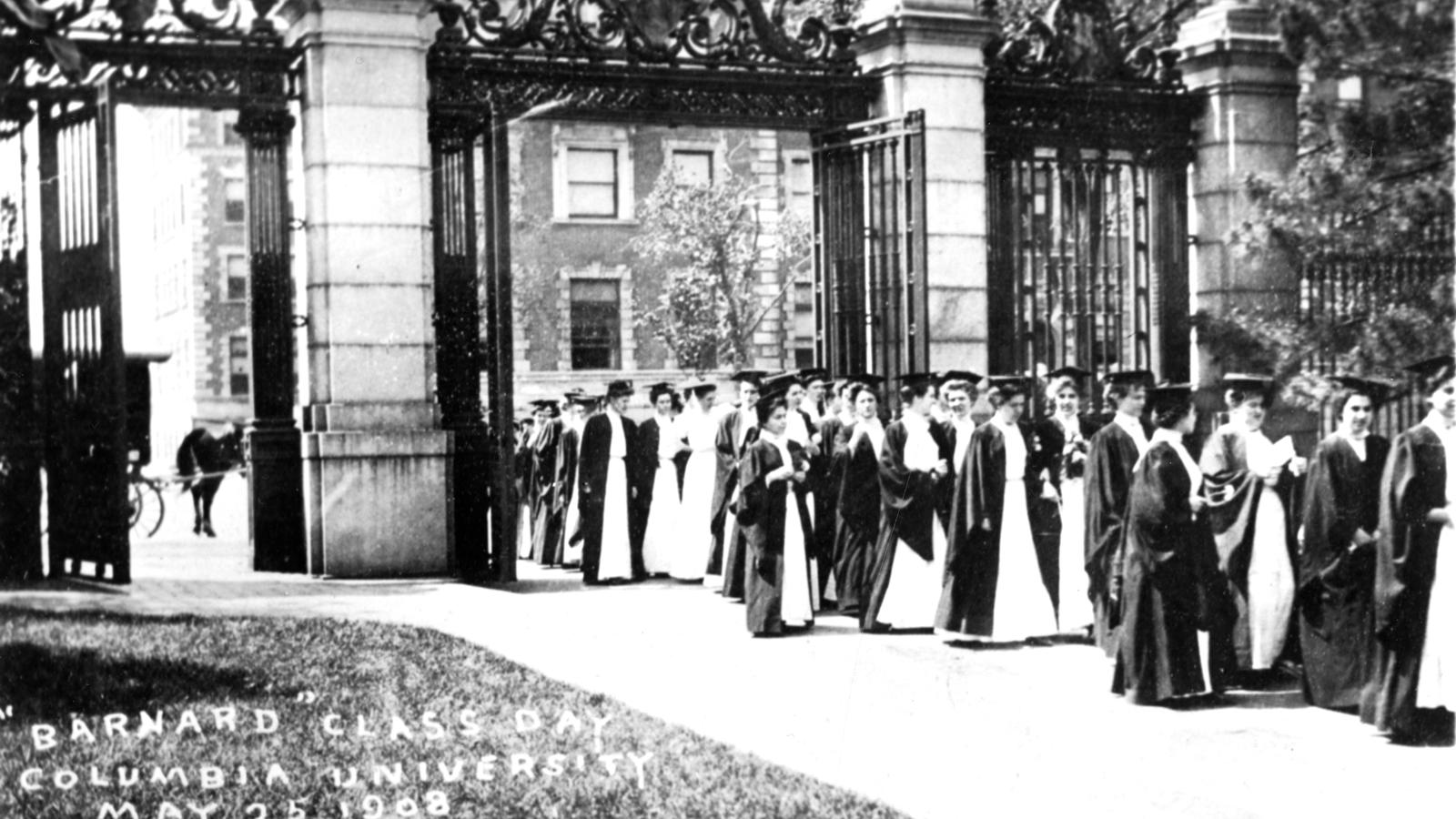 A picture of graduating woman proceeding through Barnard's campus on class day in May 1908. Photo Courtesy the Barnard College Archives.