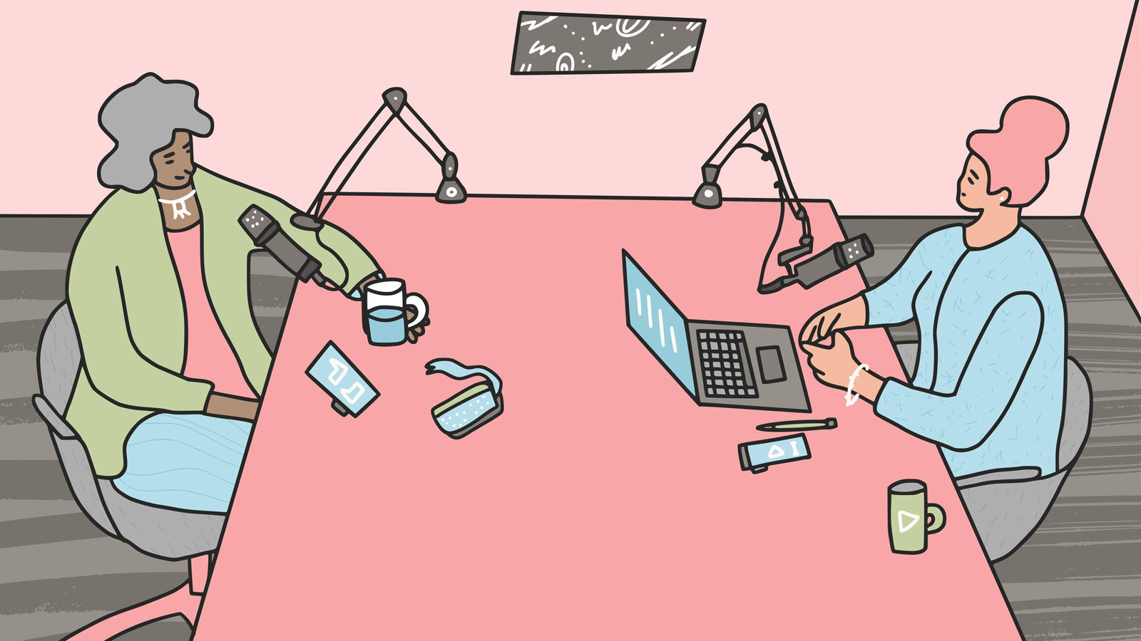An illustration of two woman producing a podcast