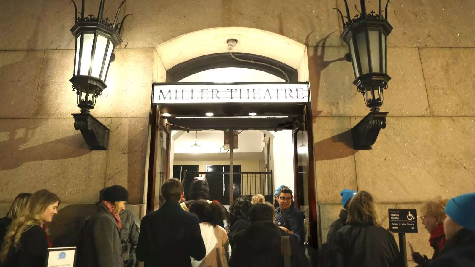 Crowd of people queued up outside of Miller Theater on Columbia's campus