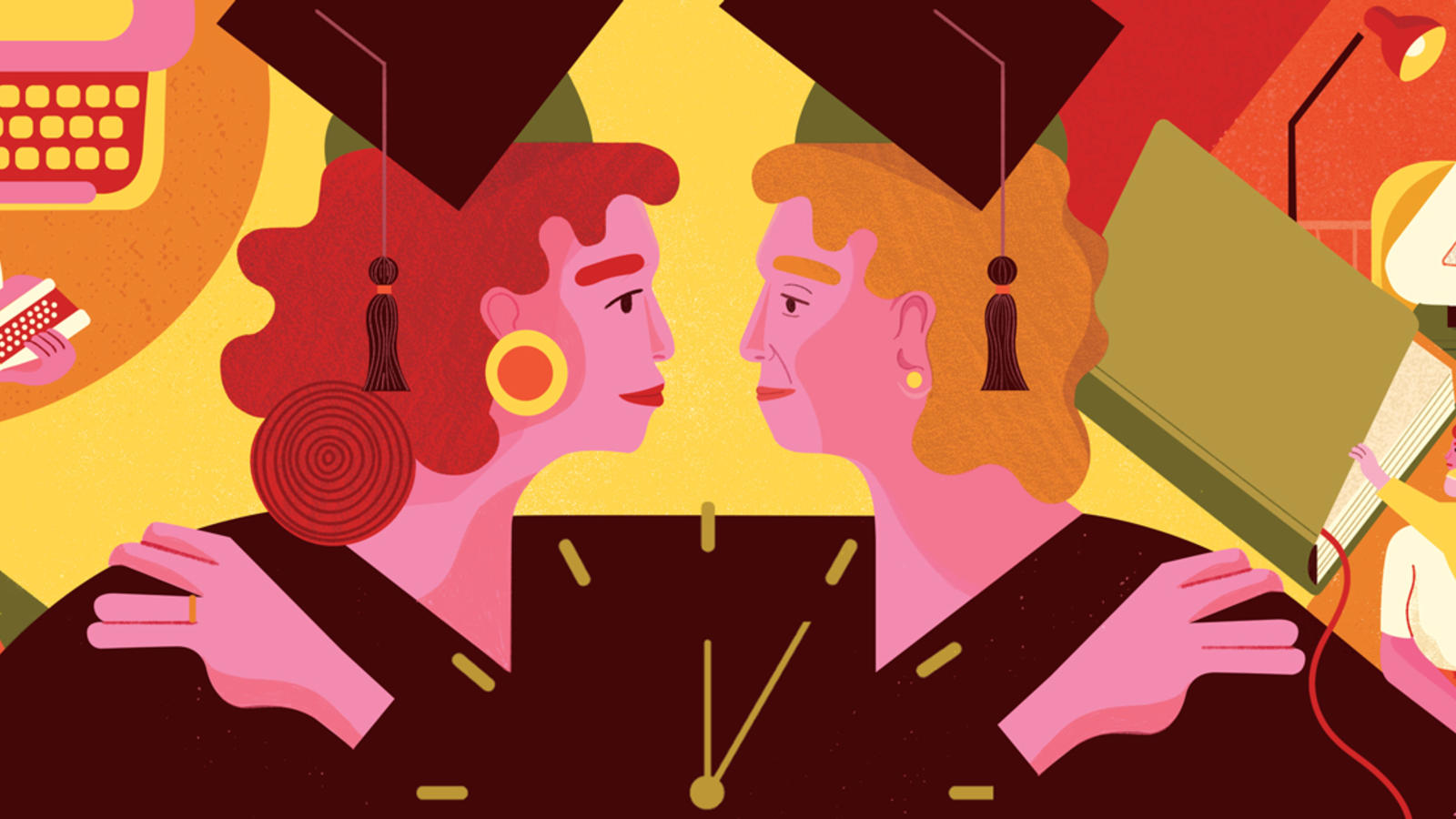 Illustration of two women in graduation caps facing each other
