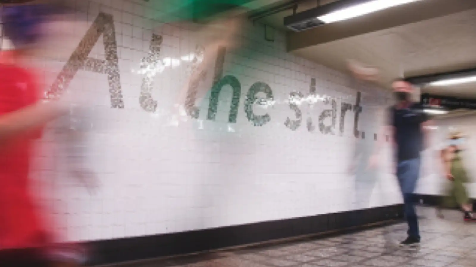 Blurred People rushing in the subway with title "Barnard: New Beginnings"