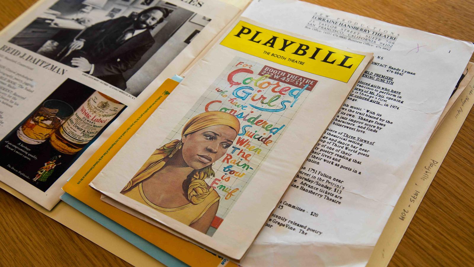 Playbill from "for colored girls" among other archival materials from the Shange Papers