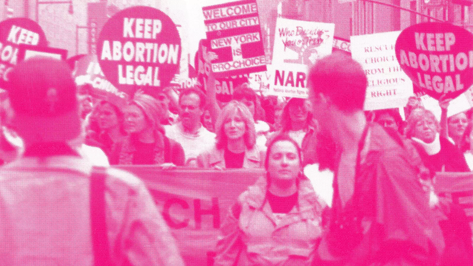 Abortion protest from 1980s with people holding signs such as "Keep Abortion Legal"