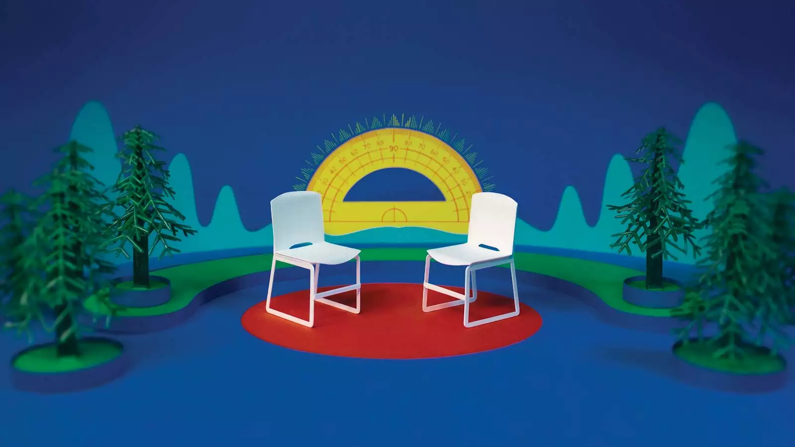 3D illustrtion of 2 empty chairs outside in nature