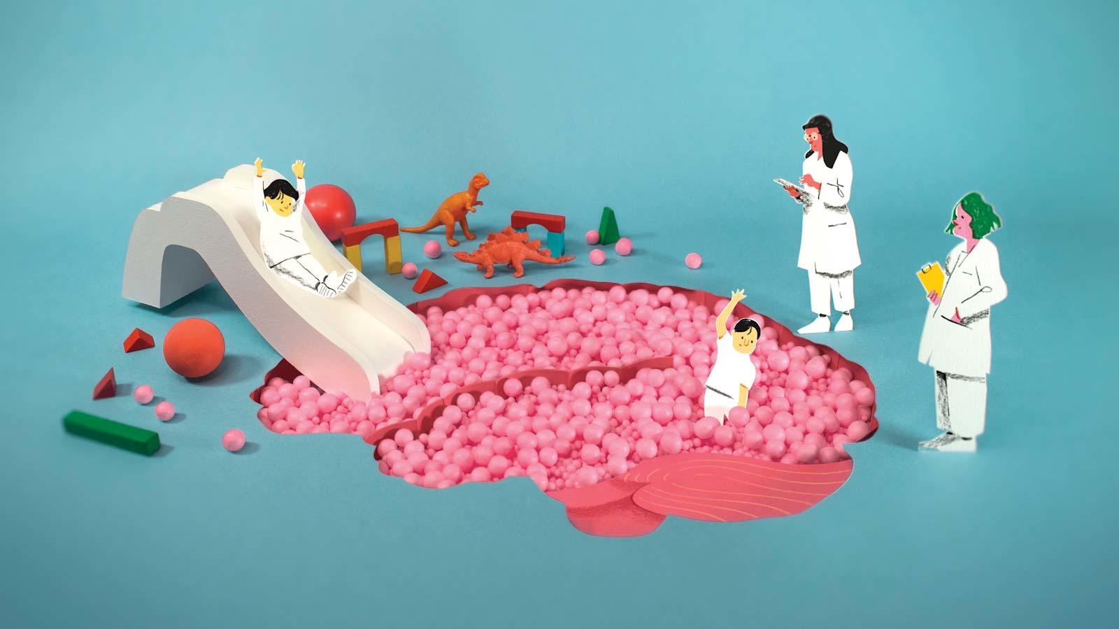 3D illustration of toddlers playing on a slide and ball pit