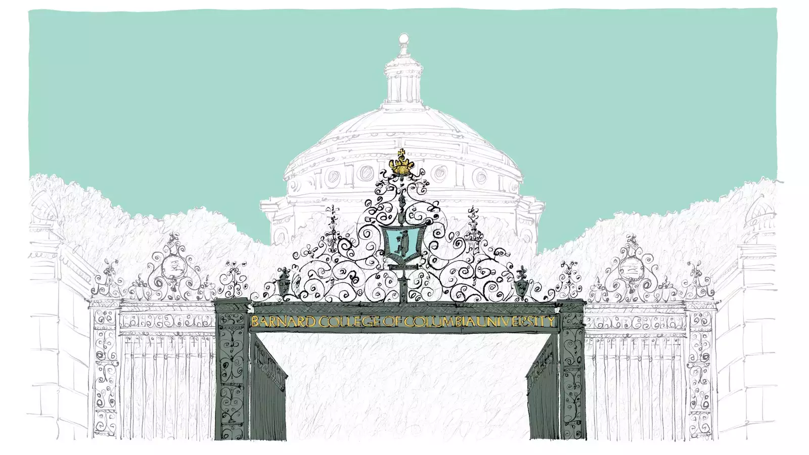 Drawing of Barnard Gate centered against a white building with a dome