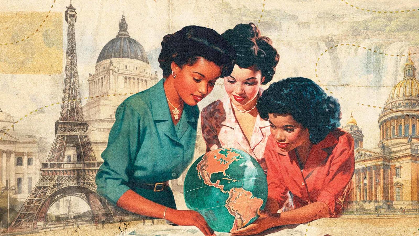 3 women looking at an open book and a globe