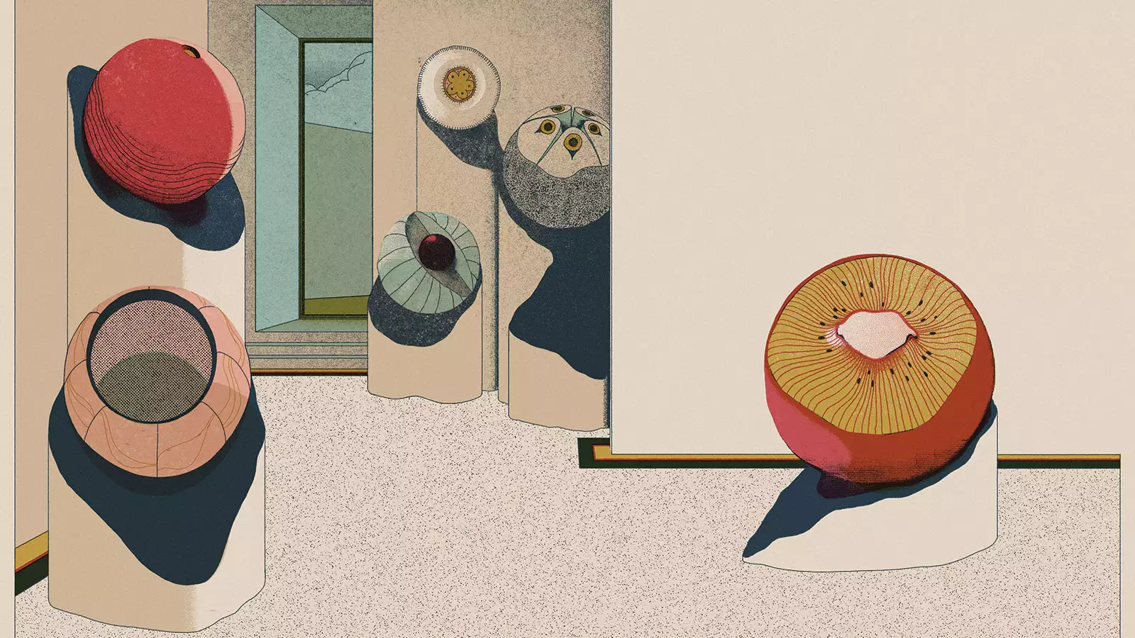 Illustration portrays gallery art via abstractions of organic circular shapes