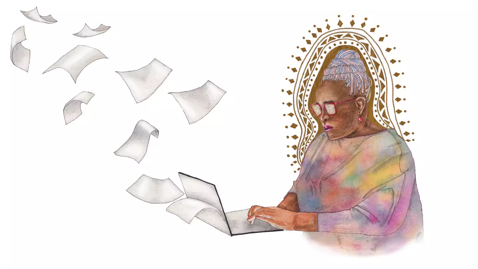 Illustration depicts Achiro P. Olwoch with a halo at laptop as sheets of paper fly from the computer representing ideas in flight