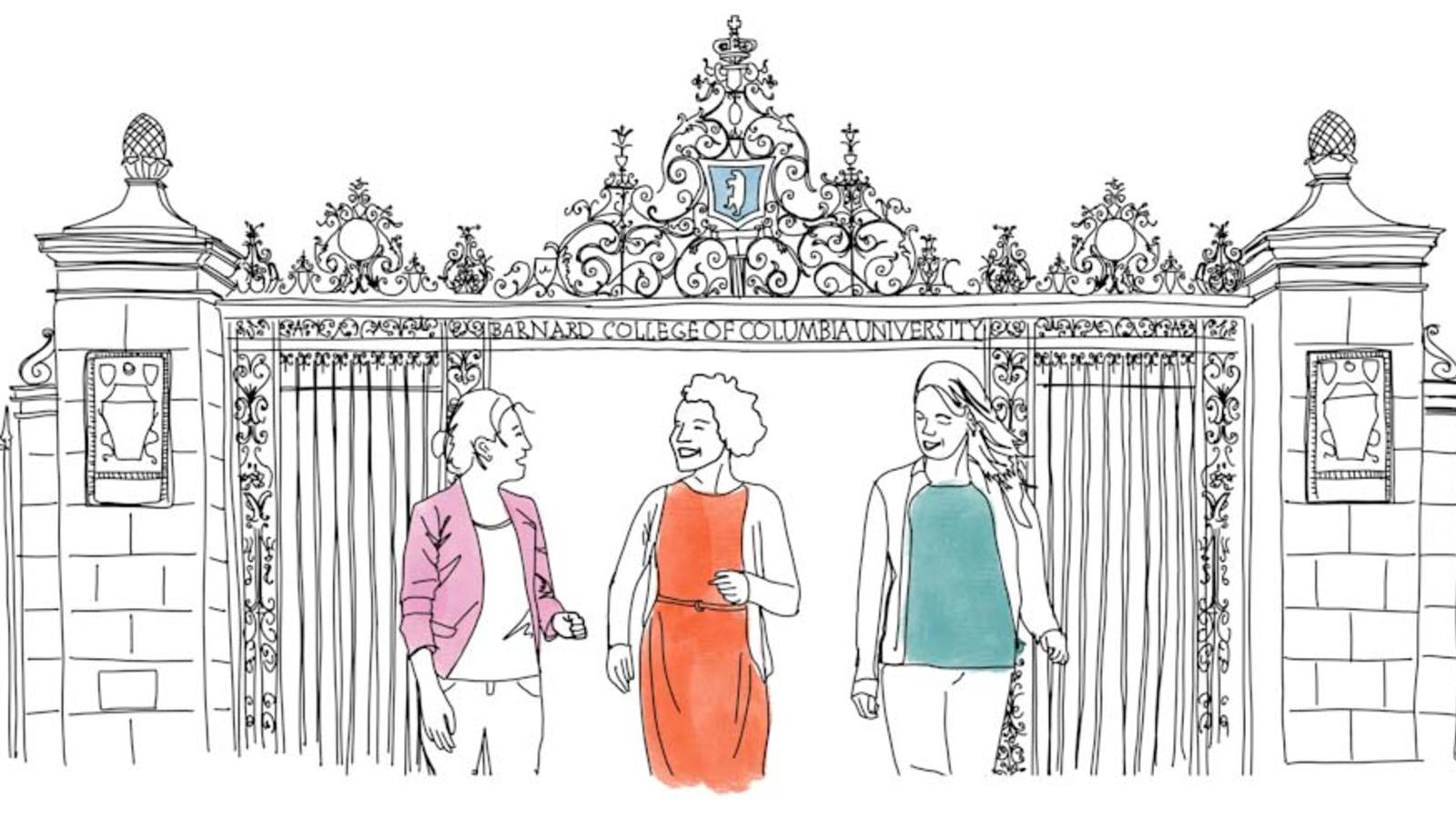 sketch of the Barnard gate and 3 women walking inside