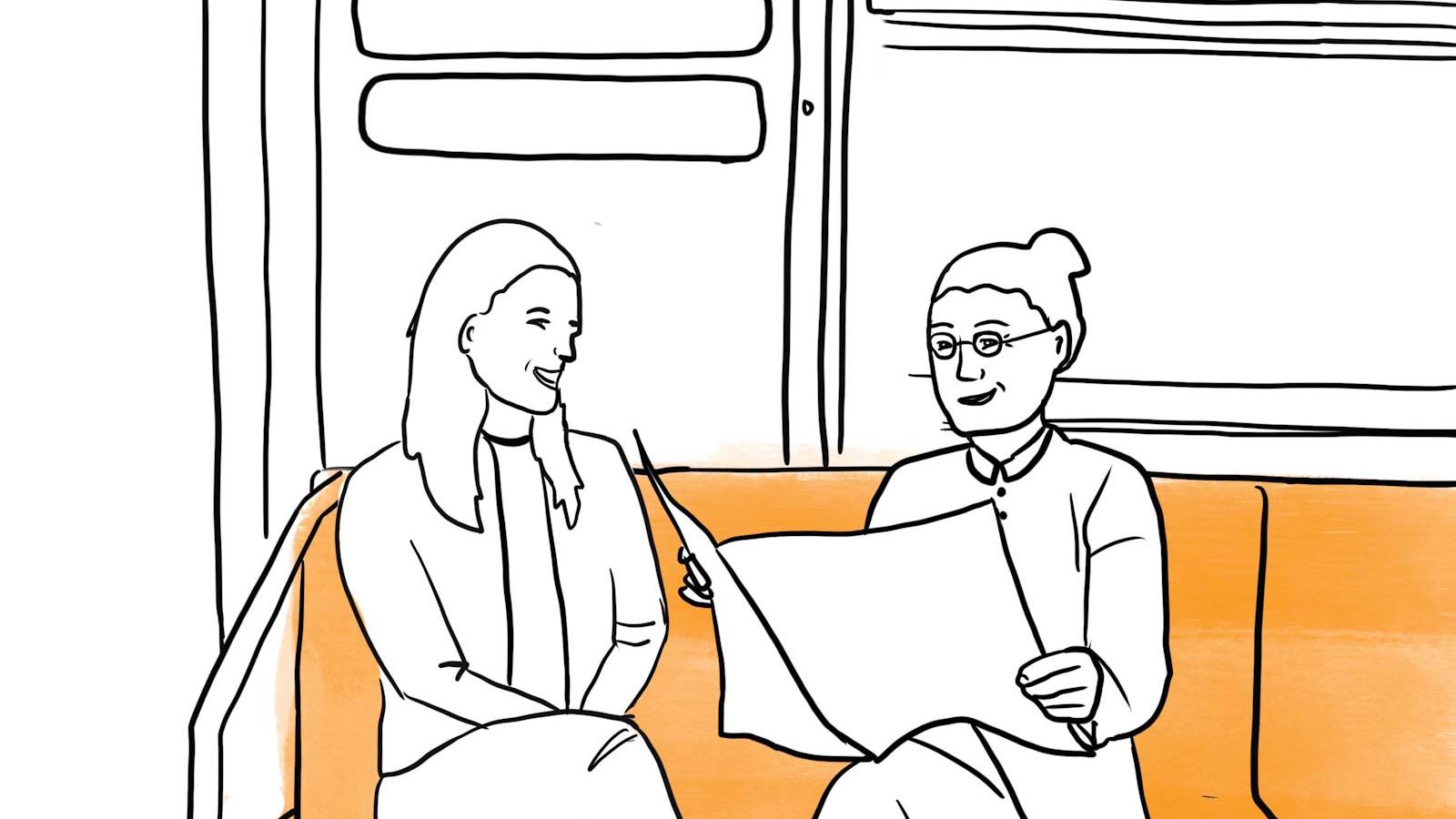 sketch of 2 women seated on a subway train