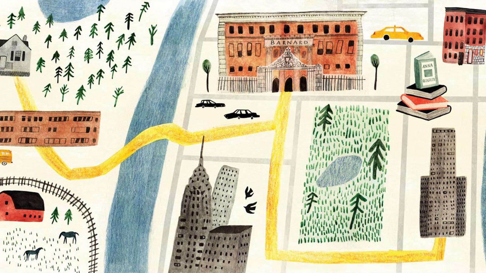 a yellow road connects a rural home to Barnard and a high-rise building in a primitive style illustration