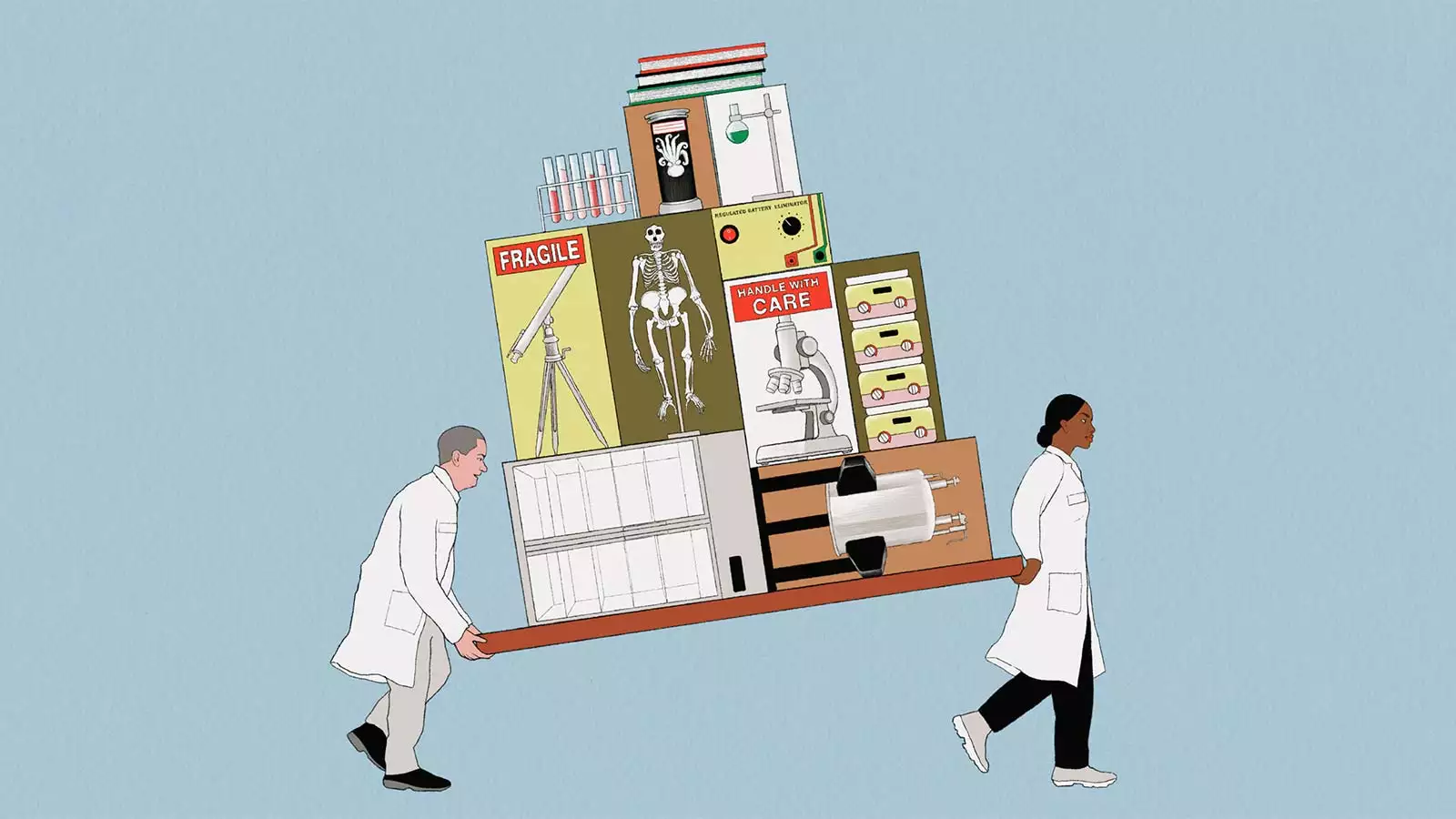 Illustration portrays scientists in lab coats moving science equipment and speciments