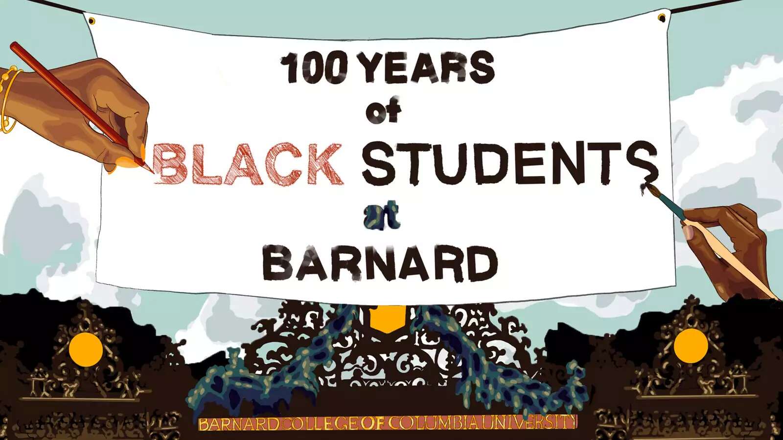 illustration of two hands painting "100 years of black students at Barnard"