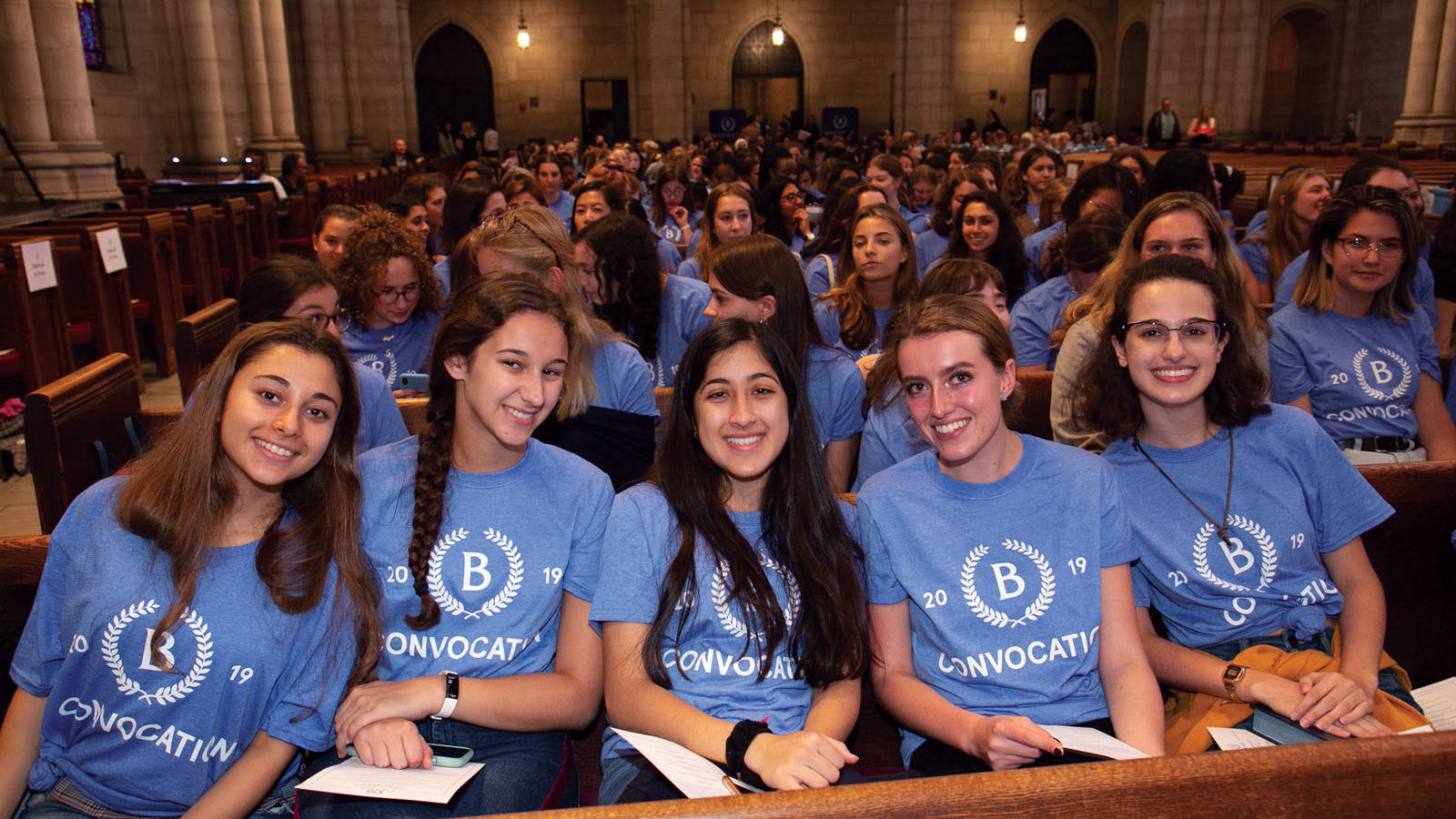 First-year students (above) assembled in Riverside Church, where President Beilock (below) welcomed them to Barnard and the 2019 academic year. 