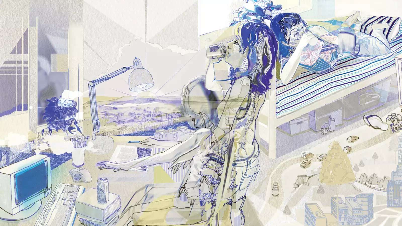 illustration of 2 students hanging out in a dorm room