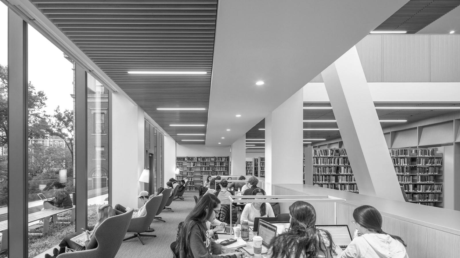 Barnard's library, interior showing students studying