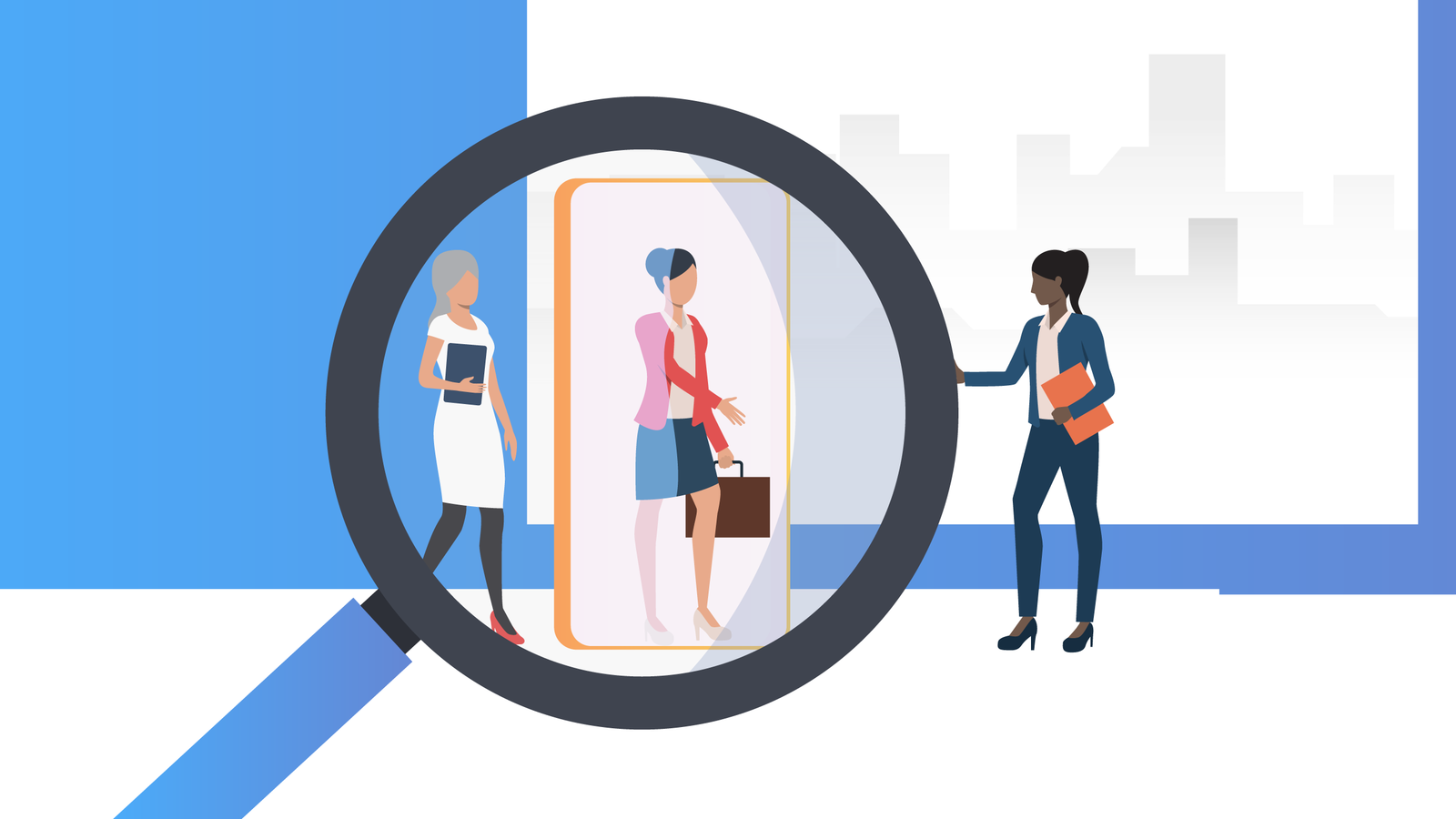 Magnifying glass hovers over woman walking through a door held open by another woman--illustration