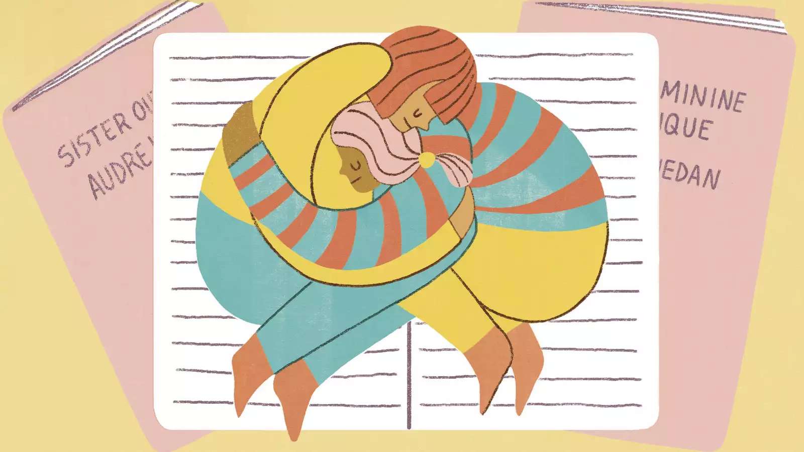 2 women curled around each other in a hug, an illustration