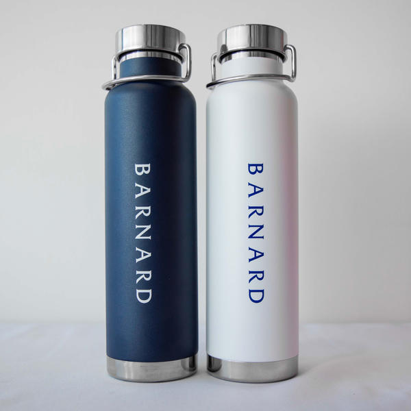 Two barnard water bottles one with navy blue with white writing and white with blue writing