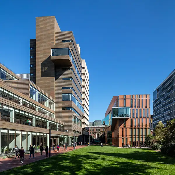 Photo of exterior of the Milstein Learning Center and Futter Field , Barnard College