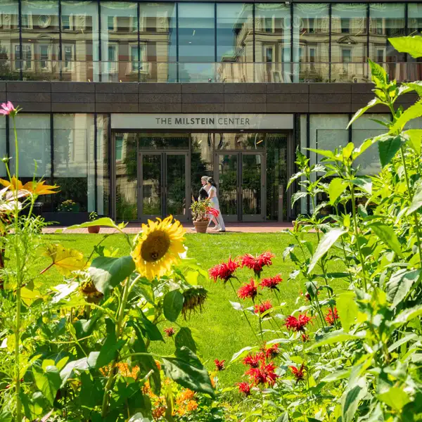 Image of Barnard campus in summer with blooming flowers