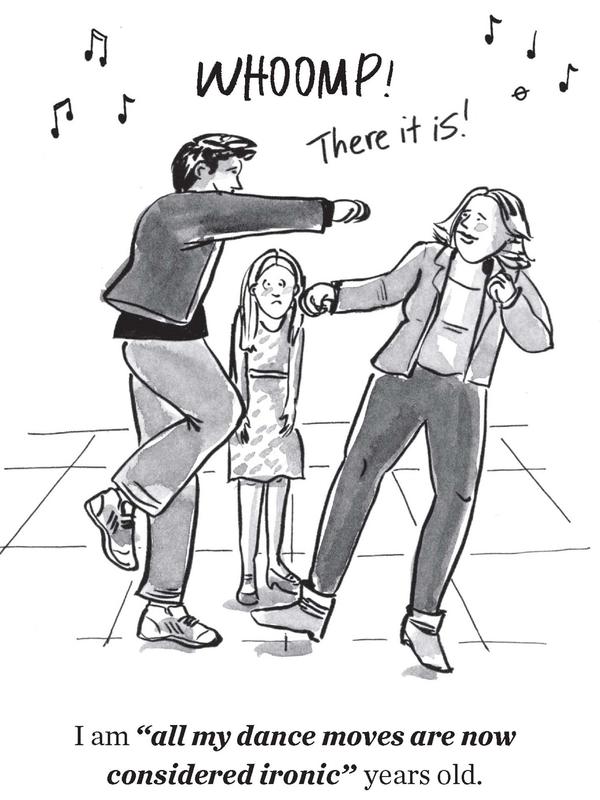 Comic of adults dancing with caption, all my dance moves are now considered ironic