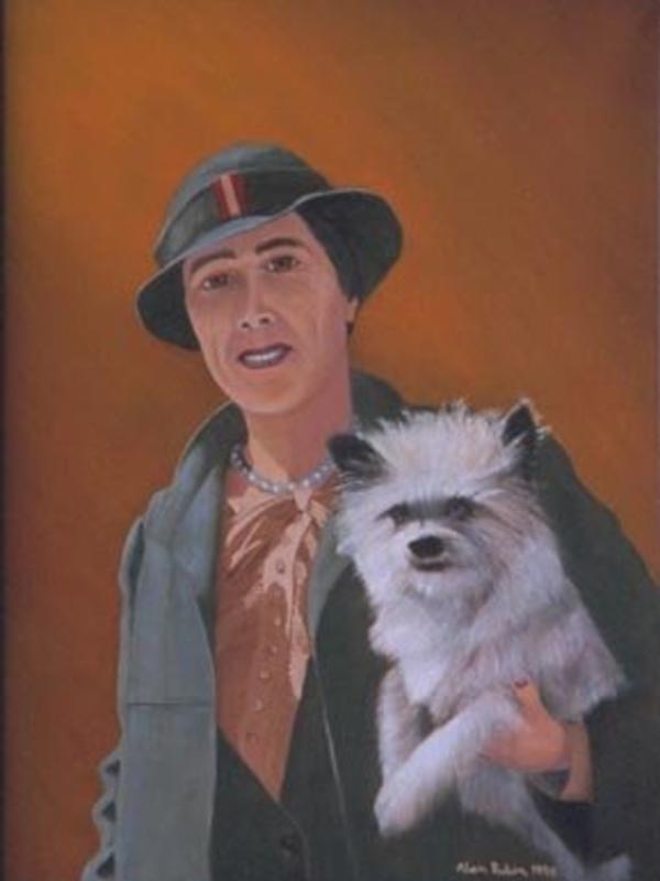 Painting of Virginia Gildersleeve holding a small white dog