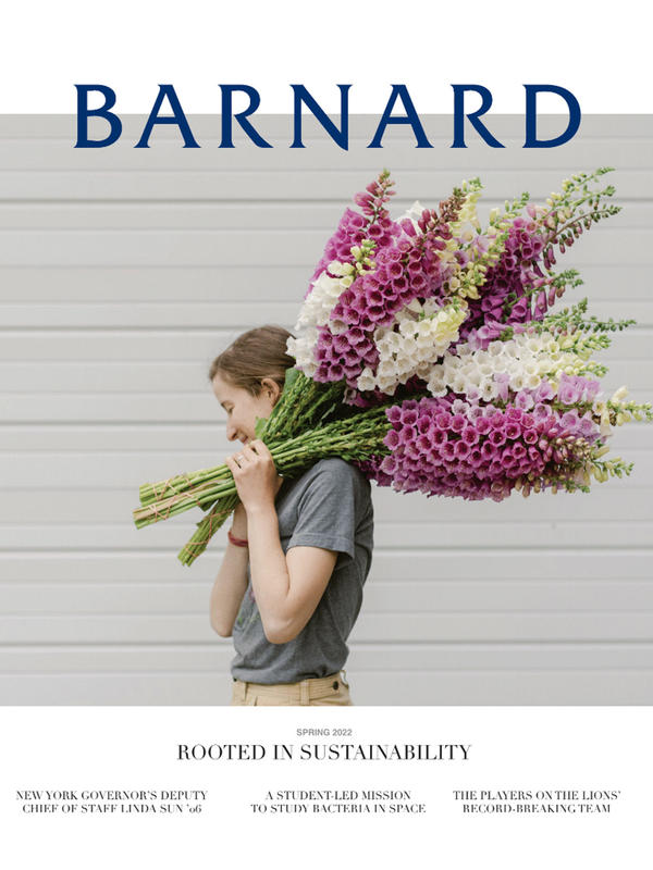 A person holding flowers on the Spring 2022 cover of Barnard Magazine 