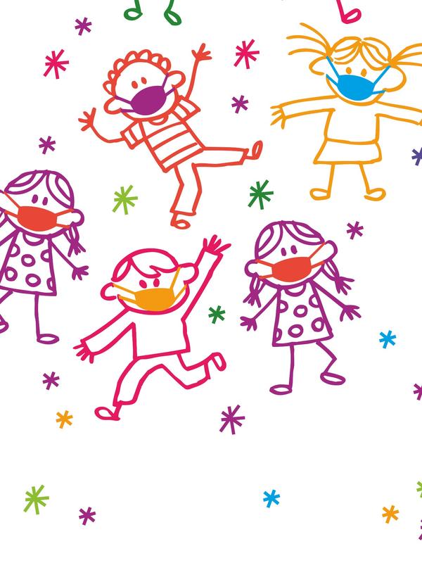 Drawing of masked children jumping around