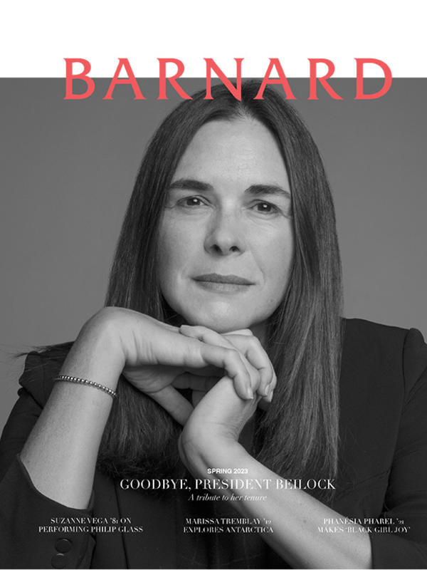 President Sian Beilock headshot in black and white on cover of spring 2023 Barnard Magazine