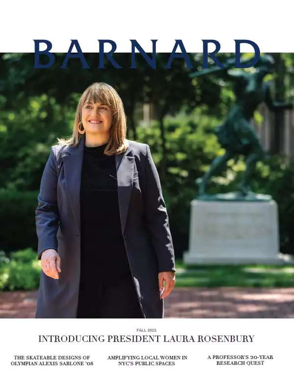 Cover of Barnard Magazine with President Rosenbury walking on campus