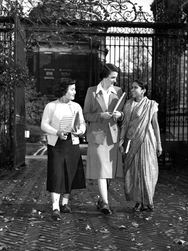 3 Barnard students in 1950, near the gate