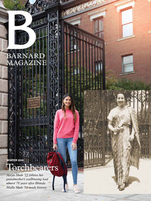 Student in front of the Barnard gates, Barnard Magazine cover for winter 2020