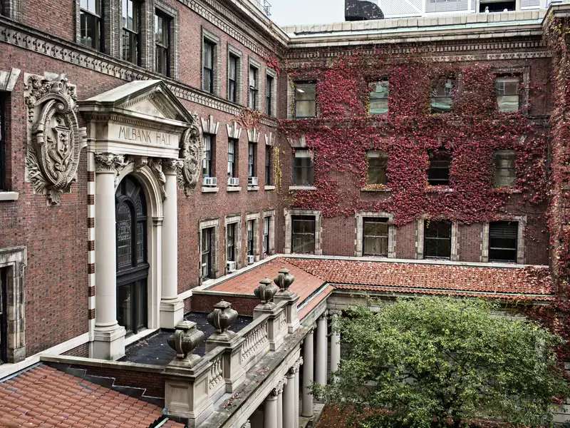 View of Milbank Hall from upper floor looking out.