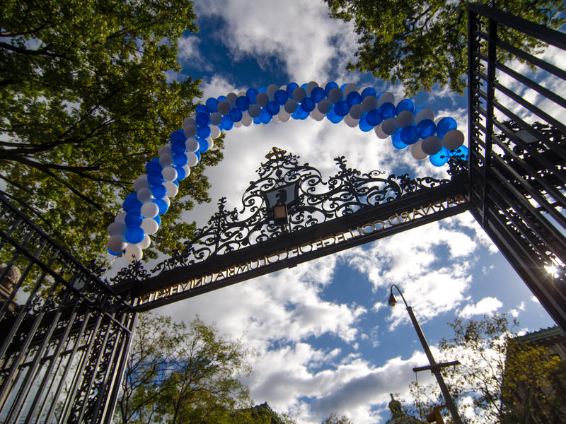 View of barnard gate looking up at balloon arch above the gate and blue sky