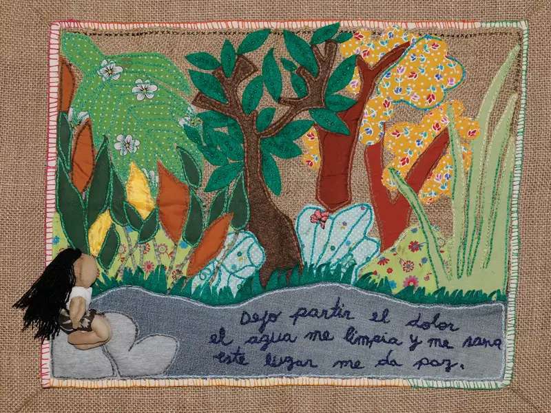 Fabric textile of a woman meditating in nature