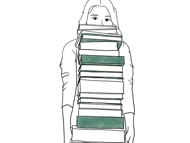 An illustrative sketch of a woman holding books