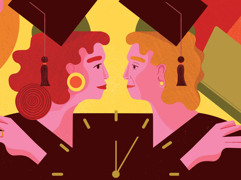 Illustration of two women in graduation caps facing each other