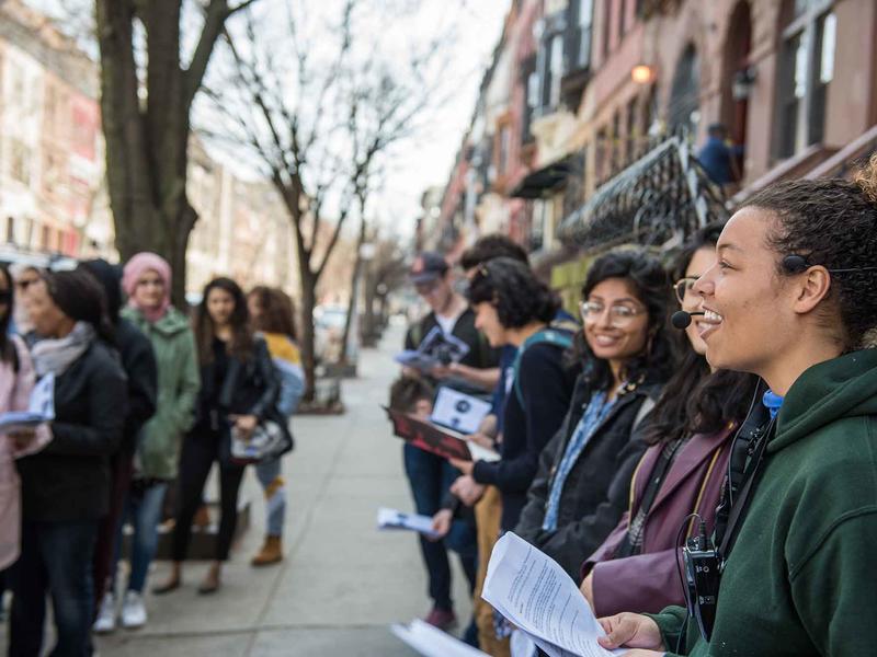 Asha Futterman leading the first Radical Black Women Walking Tour on April 7, 2019, with over 35 people in attendance, co-facilitated by Mariame Kaba.