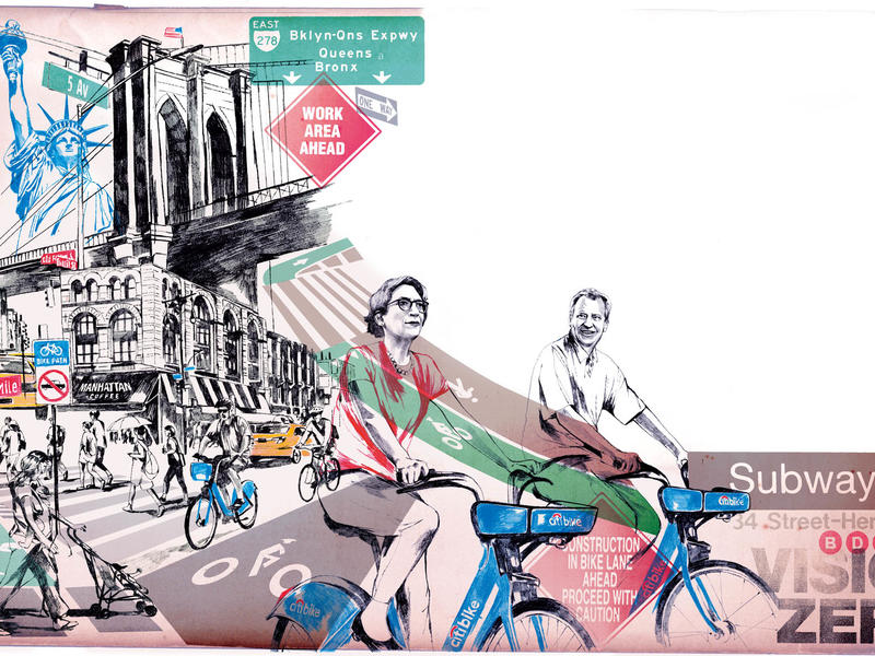 illustration manhattan streetscape, polly trottenberg riding a bike