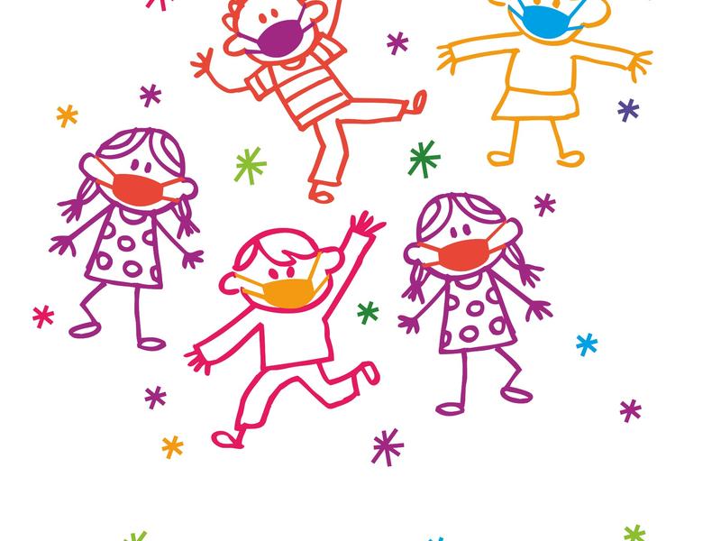Drawing of masked children jumping around